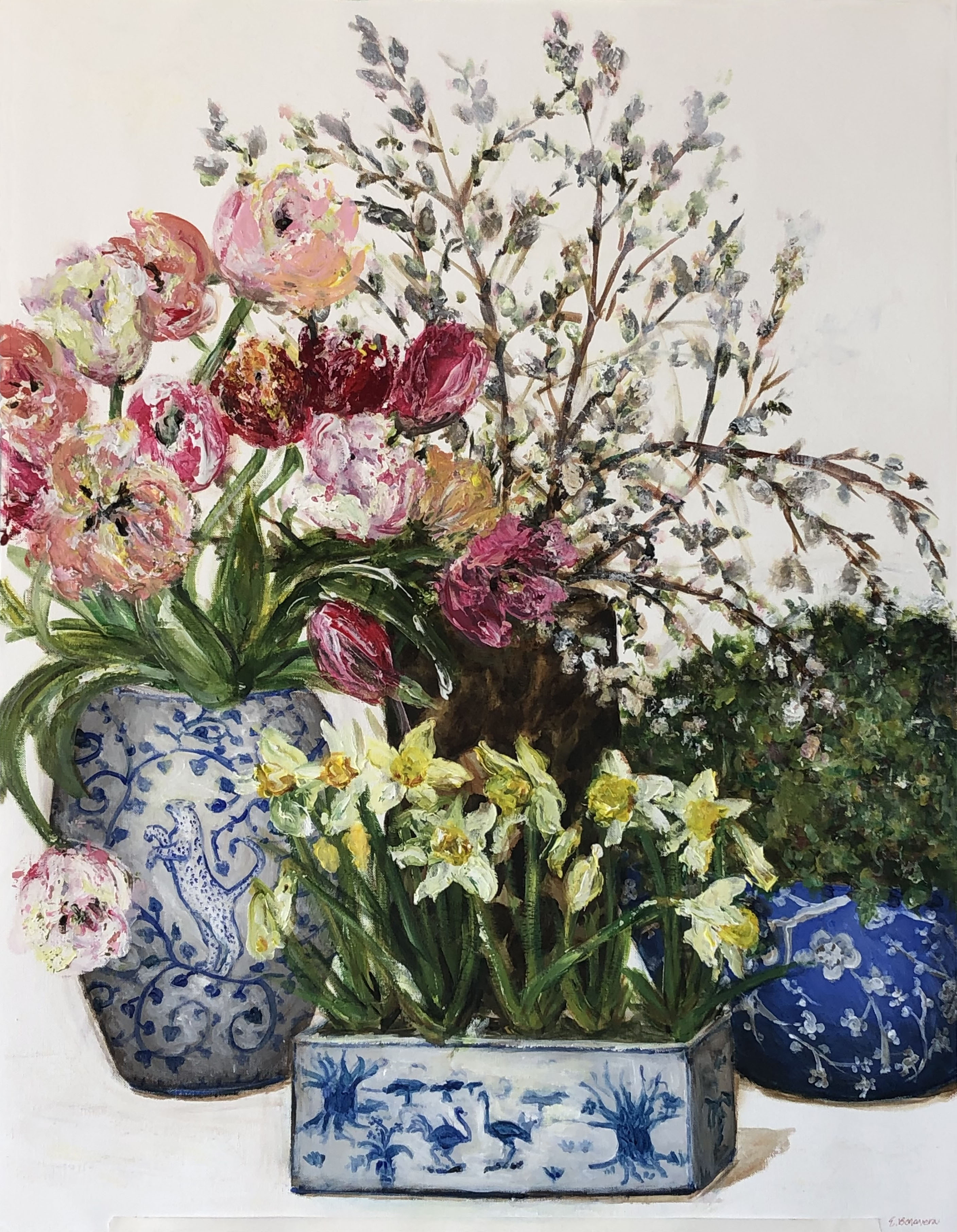 Painting of differnt colourful potted flowers