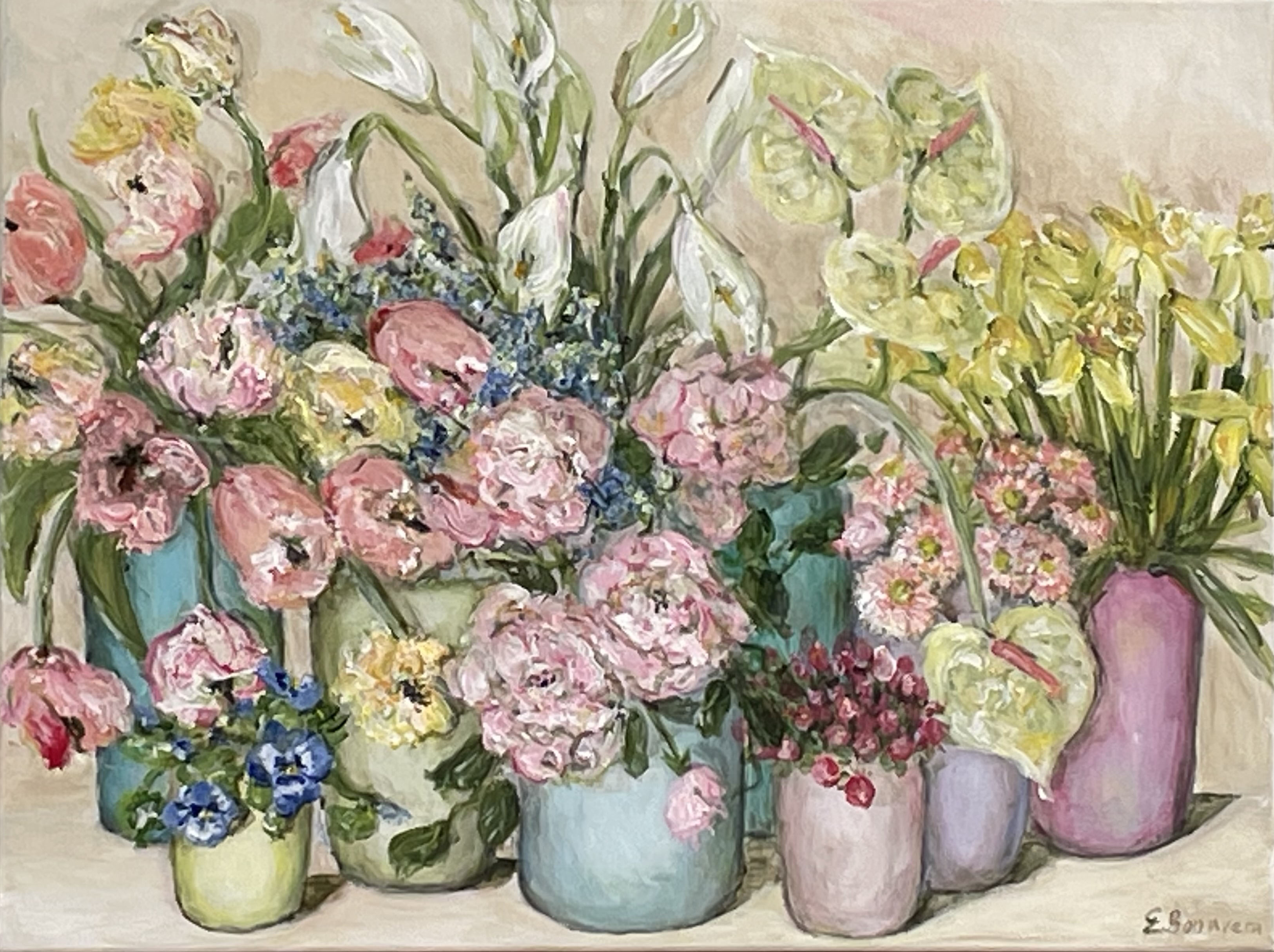 Painitng of many different potted flowers.